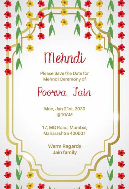 Mehndi Ceremony Invitation With Gold-Framed Text, Red And Yellow Floral Border, And Green Leaf Accents
