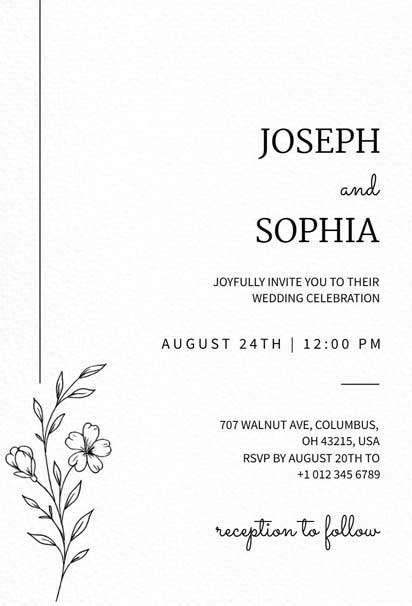 Wedding Invitation With Black And White Floral Accents Featuring Bold Typography And Elegant Layout.