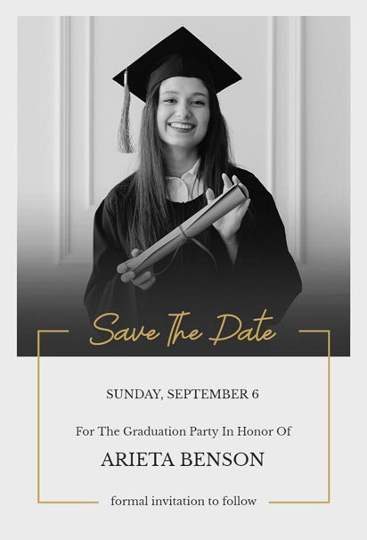 Black And White Portrait With Gold Save The Date Text And Border Frame