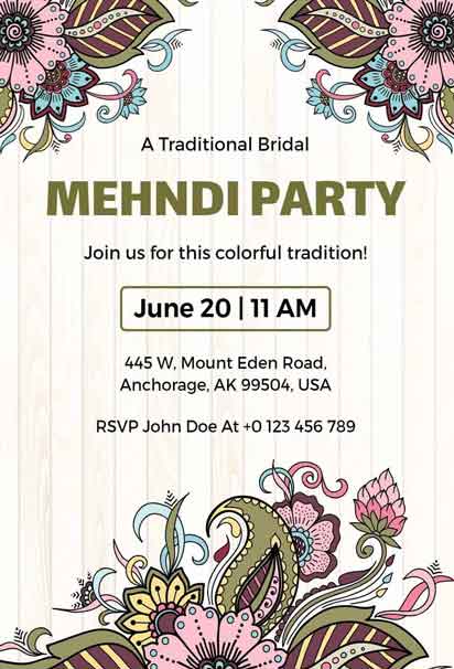 Traditional Bridal Mehndi Party Invitation With Pink, Green, And Blue Floral Patterns On Background