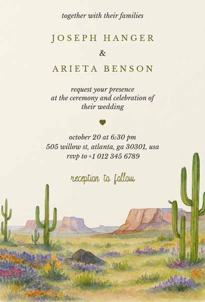 Southwestern Wedding Invitation With Desert Landscape Featuring Cacti, Wildflowers, And Mountains In Earthy Tones