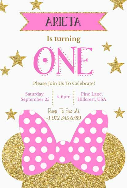 Pink and Gold Minnie Mouse First Birthday Invitation with Glittery Polka Dot Bow