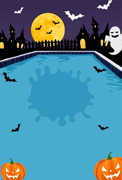 Spooky Halloween Pool Party Night Invitation Background with Glowing Pumpkins and Eerie Water Reflections