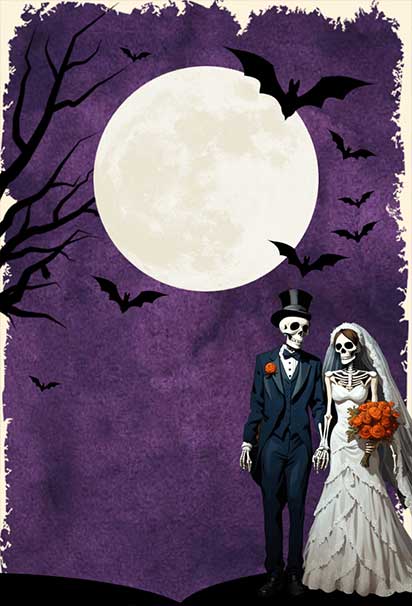 Spooky Skeleton Bride and Groom Halloween Invitation Background Under a Glowing Full Moon