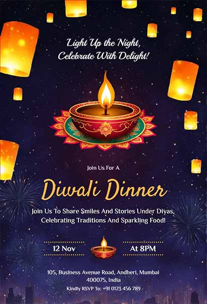 Starry Night Diwali Dinner Invitation Featuring Twinkling Lights, Diyas, and Elegant Dark Blue Background