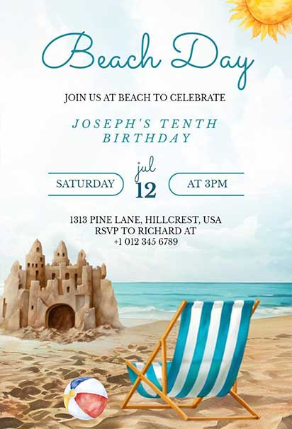 Cheerful Beach Day Birthday invitation Design With Sunshine, Sand, and Playful Tropical Elements
