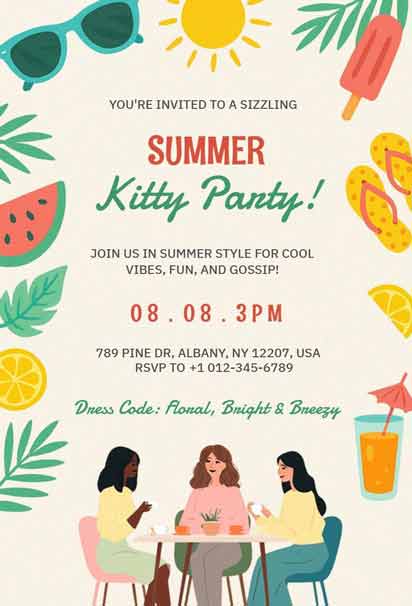 Summer Kitty Party Invitation With Bright Tropical Colors and Playful Icons
