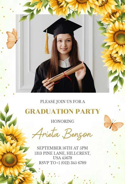 Graduation Invitation With Sunflower And Butterfly Border