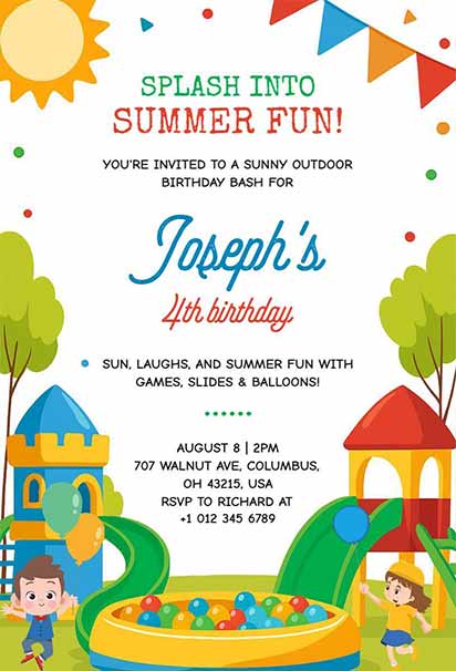 Cheerful Outdoor Birthday invitation template Design With Sunshine, Balloons, and Playful Summer Elements