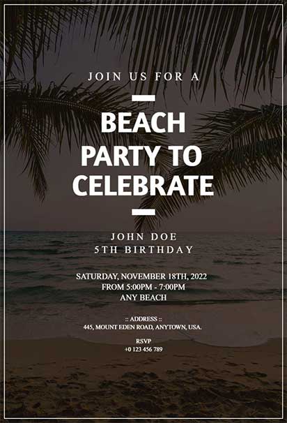 Tropical Beach Party invitation Design Featuring Palm Trees Silhouetted Against a Vibrant Sunset