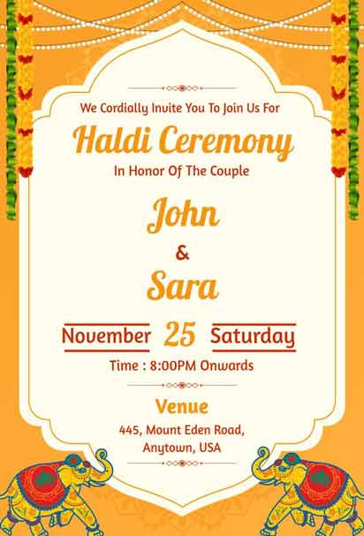 Vibrant Haldi Invitation With Orange Background, Ornate Marigold Garlands, Elephant Motifs, And Decorative Accents