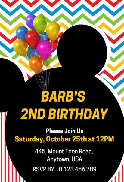 Mickey Mouse Birthday Invitation with Colorful Balloons, Chevron Background in Red