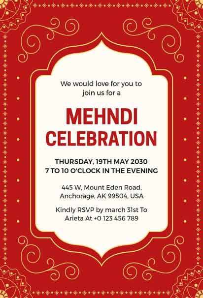 Red And Gold Mehndi Celebration Invitation With Ornate Borders And Central White Text Panel