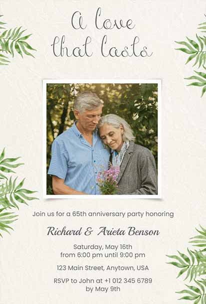 65th Wedding Anniversary Invitation With Green Leaf Accents and Elegant Timeless Love Design