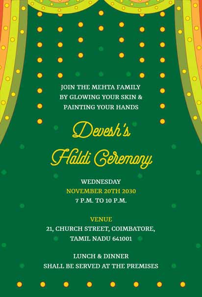 Green And Golden Haldi Ceremony Invitation with Traditional Floral , Paisley Patterns, And Decorative Borders