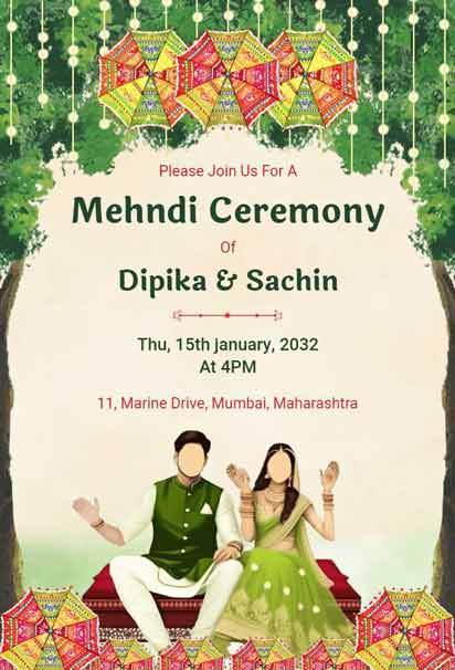 Vibrant Mehndi Ceremony Invitation With Colorful Umbrellas, Greenery, And Traditional Motifs