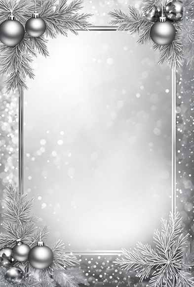 Blank Christmas invitation template with silver pine branches and monochrome bokeh
