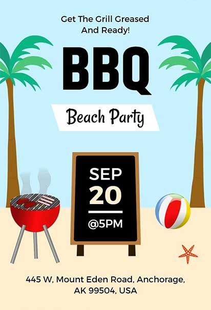 Tropical BBQ Beach Party Invitation with Vibrant Palm and Ocean-Inspired Design