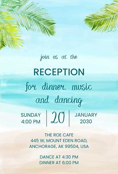 Elegant Tropical Beach invitation Reception Dinner Design With Palm Leaves, Floral Accents, and Warm Tones