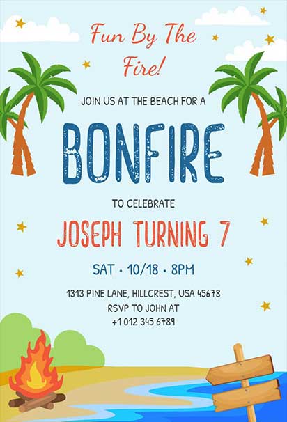 Tropical Beach Birthday Bash invitation Design Featuring a Bonfire, Palm Trees, and Warm Evening Colors