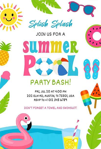 Lively Summer Pool Party invitation template With Tropical Elements, Color Splashes, and Vibrant Decor