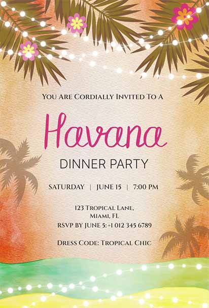 Vibrant Tropical Havana Dinner Party Invitation with Palm Leaf Accents
