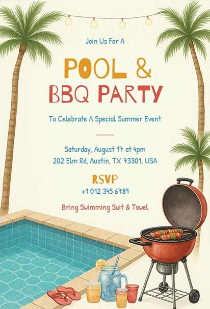 Vibrant Summer Party invitation template With Palm Trees, Poolside Grill, and Tropical Vibes