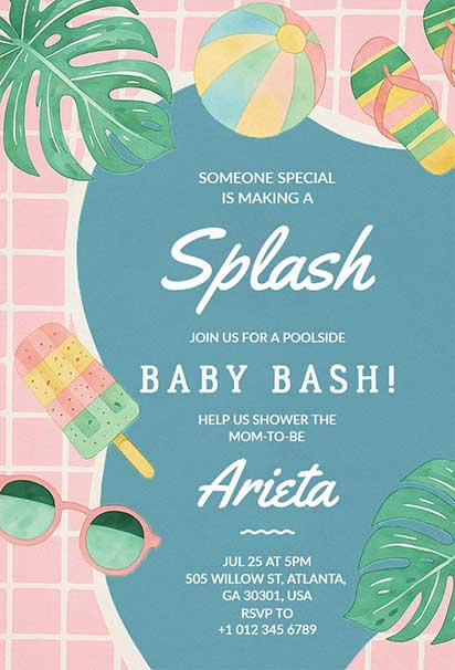 Charming Tropical Baby Shower invitation template With Poolside Setting, Palm Leaves, and Soft Summer Colors