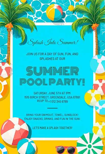 Fun Summer Pool Party invitation template With Tropical Leaves, Water Splashes, and Bright Festive Colors