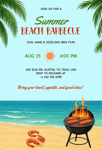 Tropical Summer Beach Barbecue invitation With Palm Leaves And Ocean View