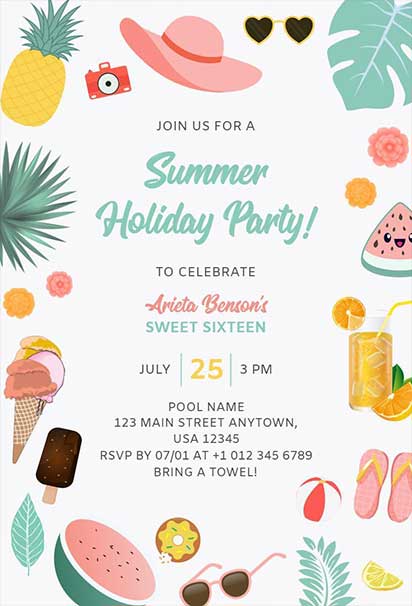 Bright Tropical Summer Holiday Party Design Featuring Palm Leaves, Flowers, and Vibrant Colors