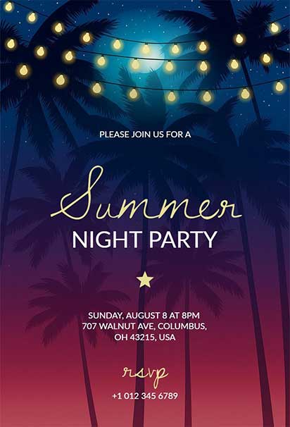 Vibrant Tropical Night Party invitation template With Palm Trees, String Lights, and a Festive Beach Atmosphere