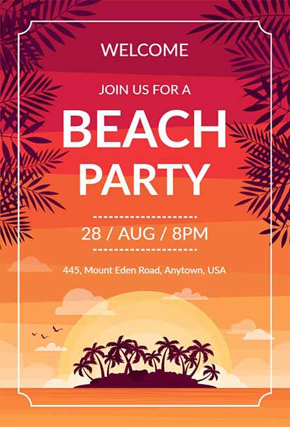 Vibrant Tropical Beach Party invitation template With Warm Sunset Colors, Palm Silhouettes, and Ocean Waves