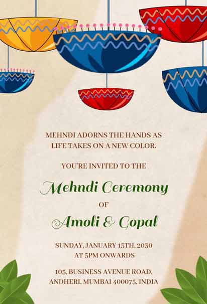 Mehndi Ceremony Invitation With Hanging Umbrellas, Lush Green Leaves, And Typography On Background