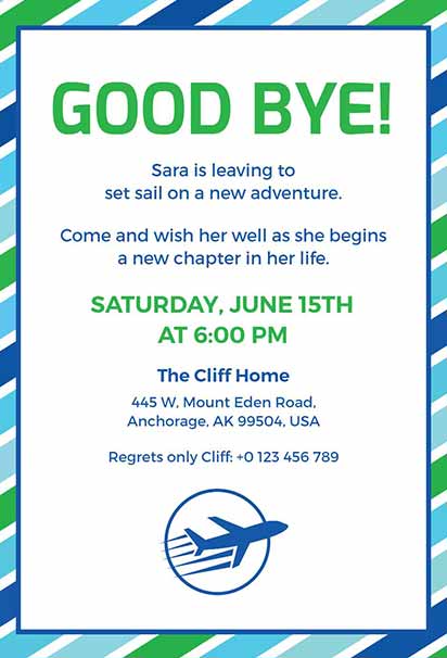 Goodbye Party Design Featuring Blue and Green Travel Motifs With  Airplanes