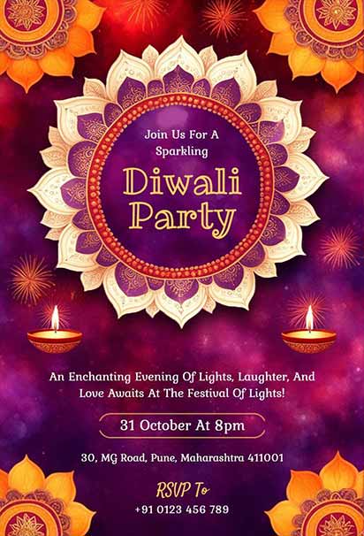 Vibrant Diwali Party Invitation Featuring Colorful Mandala Patterns, Festive Diyas, and Bright Decorative Elements
