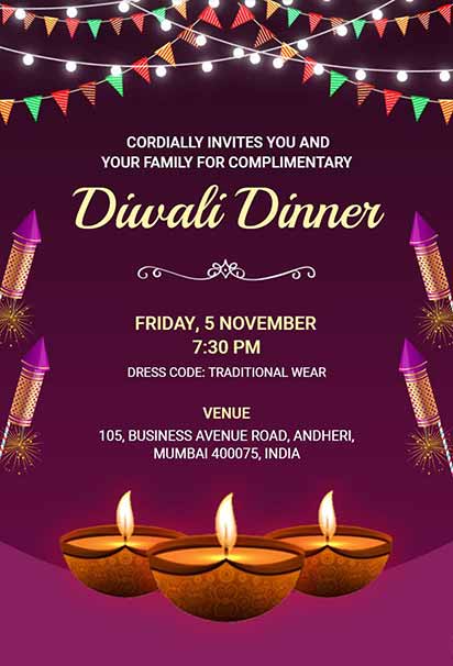 Vibrant Diwali Dinner Invitation Featuring Purple Background, Firecrackers, Festive Lights, and Decorative Accents