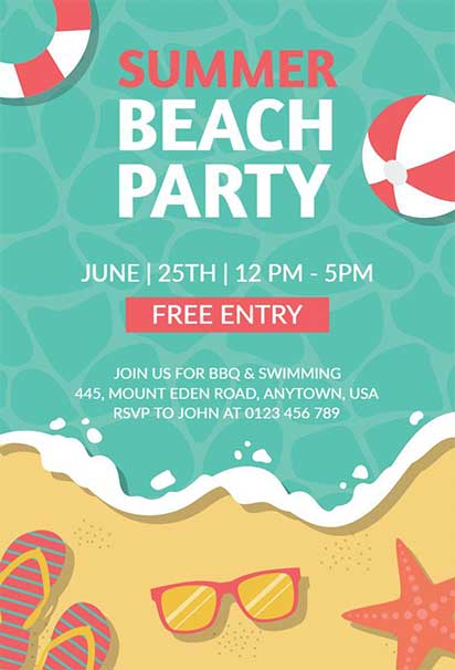 Lively Summer Beach Party invitation Design Featuring Poolside Elements, Bright Colors, and Tropical Vibes