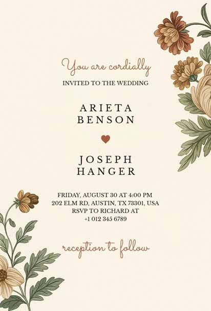 Elegant Beige Vintage Wedding Invitation With Brown And Cream Floral Accents