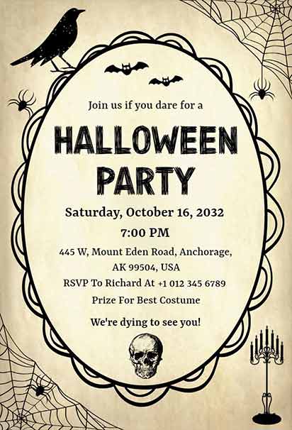 Vintage Spooky Halloween Invitation with Gothic Illustrations, Dark Accents, and Eerie Design