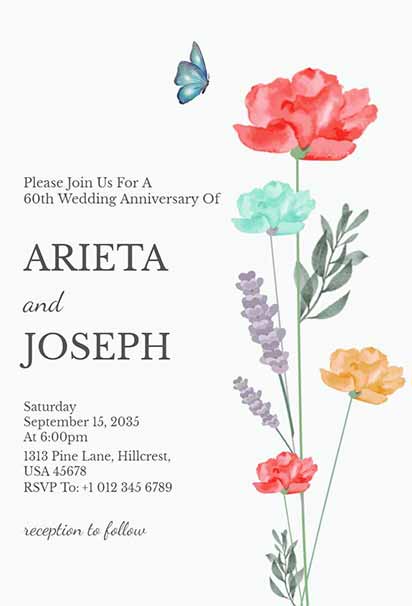 Elegant 60th Wedding Anniversary Invitation With Watercolor Floral Accents and Soft Romantic Design