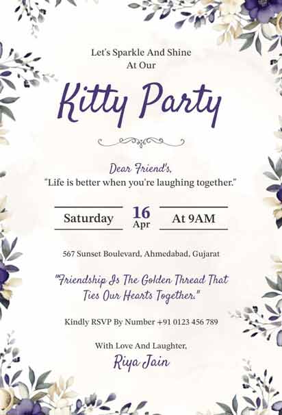 Purple And Cream Kitty Party Invitation With Floral Design