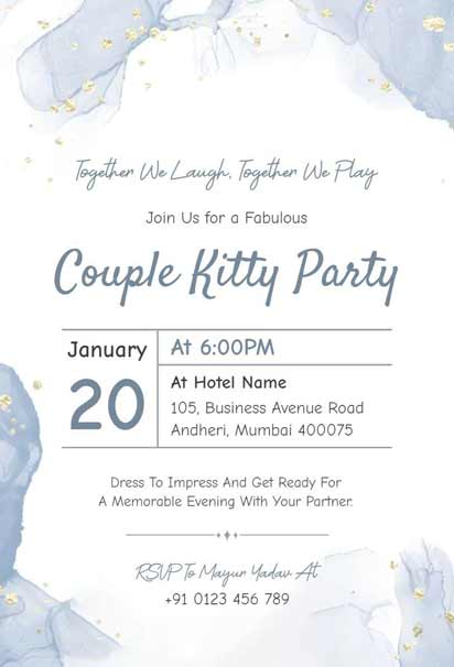 Blue And Gold Couple Kitty Party Invitation Watercolor Design with Fluid Brushstrokes