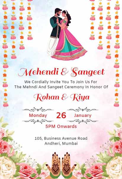 Mehndi Invitation With Vibrant Floral Borders, Hanging Lanterns, And A Couple Illustration