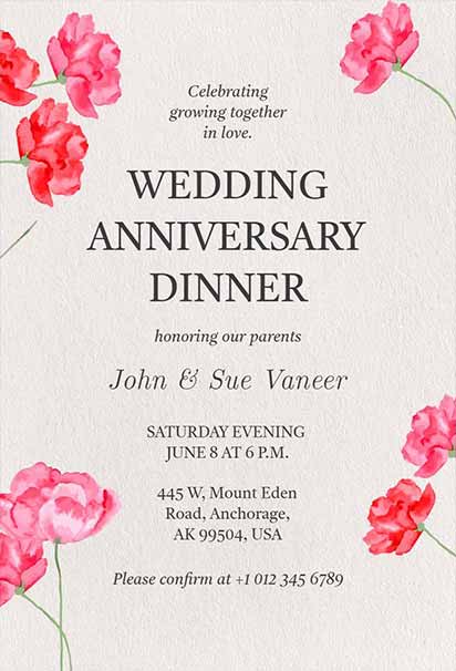 Watercolor Pink Poppy Anniversary Dinner Design With Soft Floral Accents and Elegant Romantic Vibes
