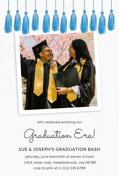 Graduation Invitation Featuring Smiling Male And Female Graduates In Black Gowns With Blue Tassel Border