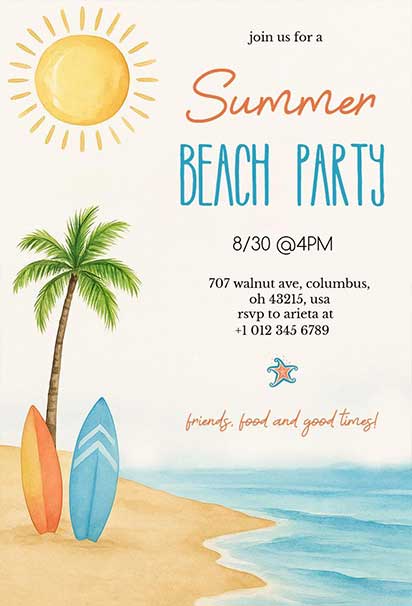 Watercolor Summer Party invitation template With Tropical Beach Scene, Palm Trees, and Ocean Waves