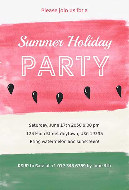 Playful Summer Holiday Party Design Featuring Watermelon Slices, Bright Colors, and Festive Vibes