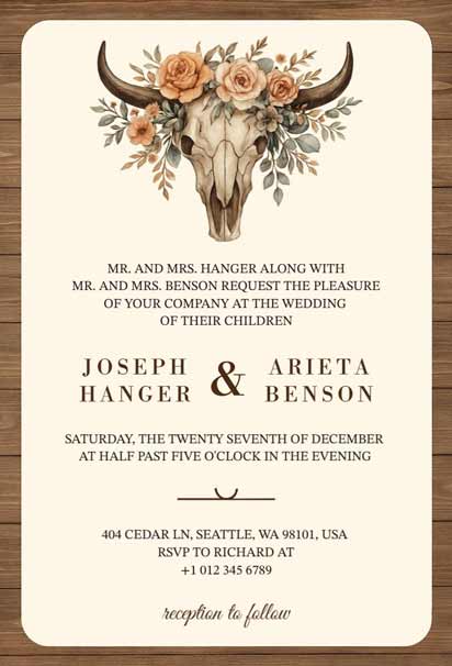 Western-Themed Wedding Invitation With Floral Decor And Bull Skull Design