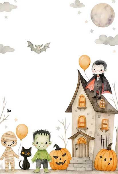 Whimsical Watercolor Halloween Haunted House Invitation Background with Soft Tones and Playful Spooky Elements